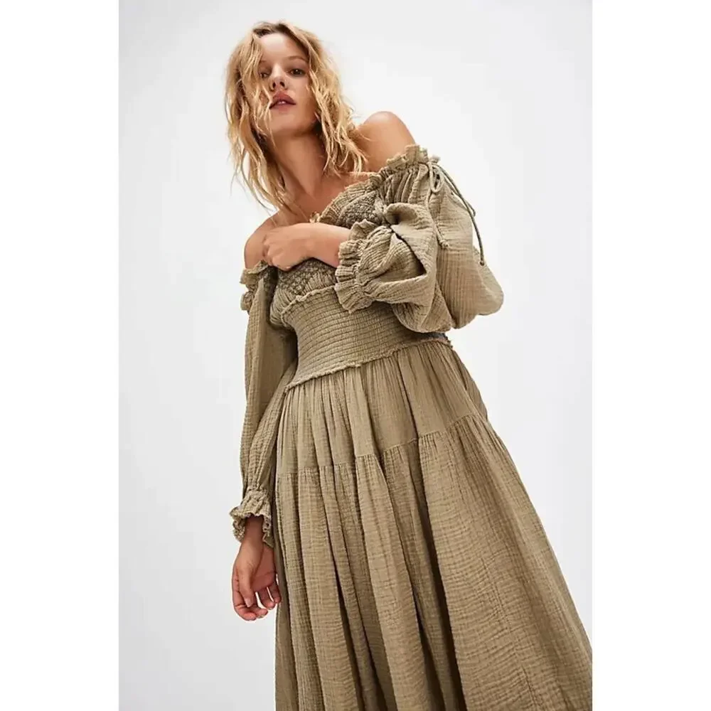 Free People Large Bohemian Witchy Gypsy Midi Maxi Gauze Dress Olive Renaissance